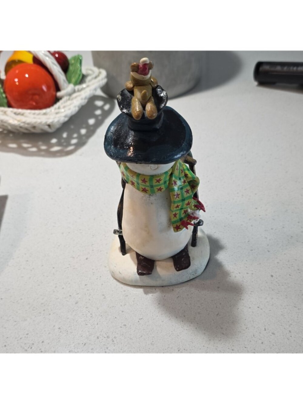 Christmas Snowman Resin Figurine Hand Painted Stars Hat Scarf w/ Teddy Bears - Picture 5 of 7